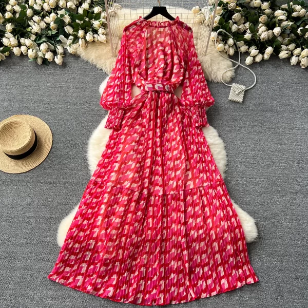 LE2565 Autumn Elegant Party Maxi Dresses Chiffon Pleated Printed Dress Women'S Boutique Bubble Long Sleeve Floral Holiday Robe