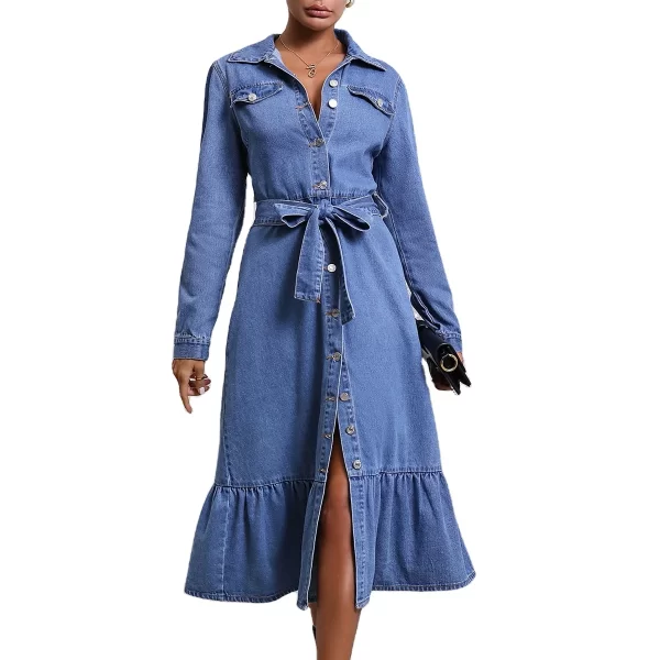 New Retro Waist Thin Long-sleeved Denim Dresses