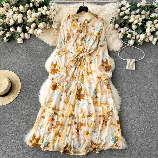 LE2566 2025 Autumn Socialite Party Midi Dress Temperament  Printed Dress Women'S Boutique Bubble Long Sleeve Floral Holiday Robe