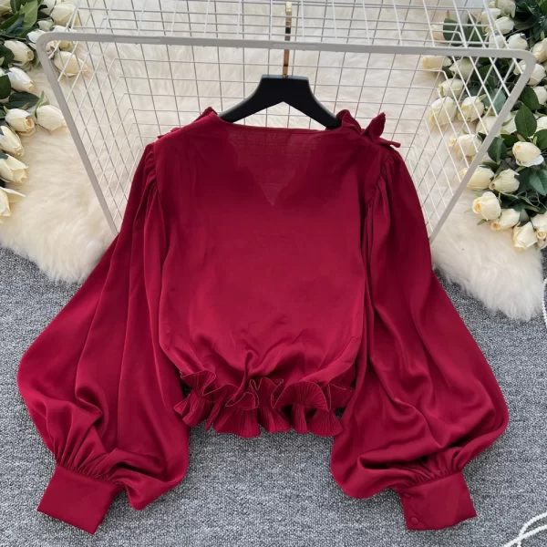 LW0358 Senior Sense Lantern Sleeve Shirt Women Autumn Wooden Ear Edge Loose Light Luxury Temperament Blouse Tops for Women