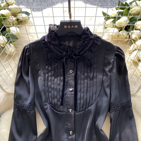 LW0370 2025 Spring Temperament Color Contrast Lace Patchwork Receive Waist Long Sleeve Shirt Female Tops for Women Casual