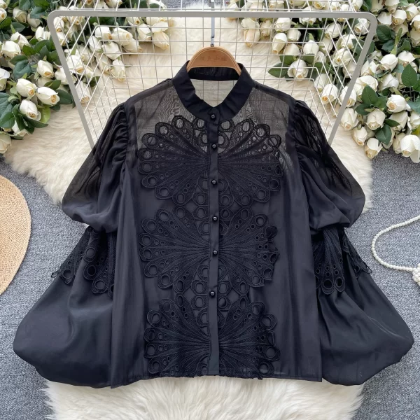 LW0372 French 2025 New Lantern Sleeve Hollowed-Out Lace Embroidery Blouse Women'S See-Through Mesh Top Shirts for Women