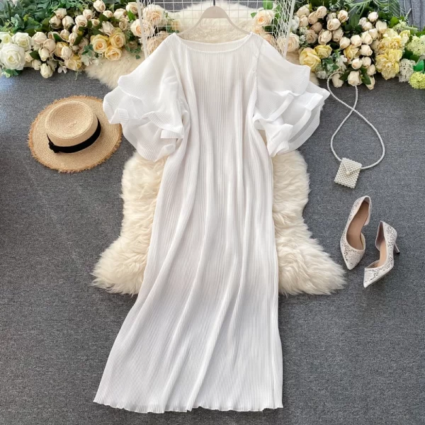 LE2470 Pleated Dresses Three-Dimensional Double Ruffled Sleeve Loose Midi Fold Dress Female Dress