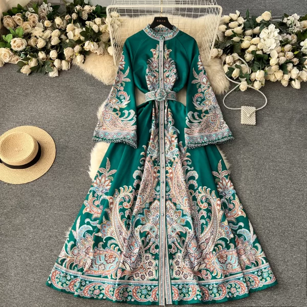 LE2468 Ethnic Style Loose Evening Gown Vintage Maxi Printed Dresses Woman Ruffled Collar Flared Long Sleeve Dinner Long Dresses