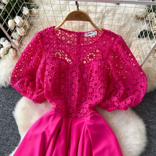 LE2569 Luxury Socialite Party Dress Large Size Feminine Exquisite Hollowed-Out Hook Flower Lace Patchwork Midi Evening Dresses
