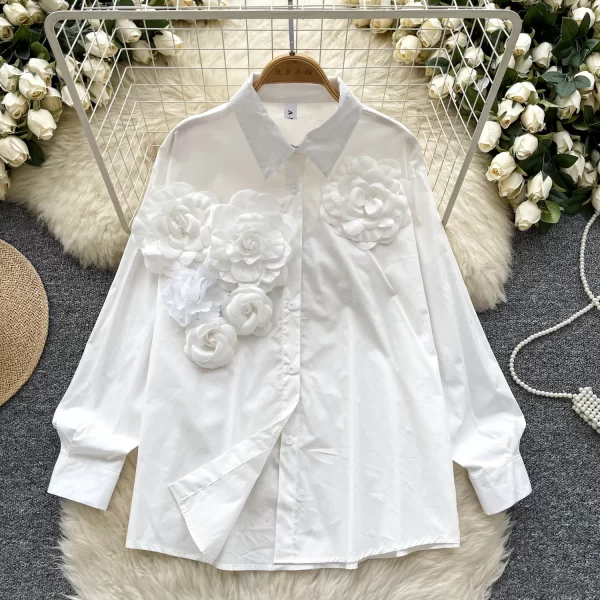 LW0519 Retro Light Luxury Polo Collar Shirt Women Three-Dimensional Flower Loose Design Sense of Temperament Blouse