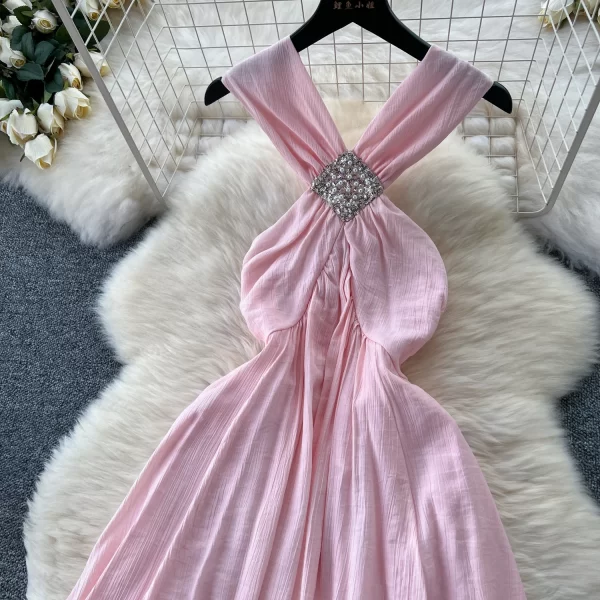 LE2519 2025 Summer Beach Vacation Fairy Dresses Woman Temperamental Intersect Diamond A-Line Halter Dresses Pink Long Prom Dress