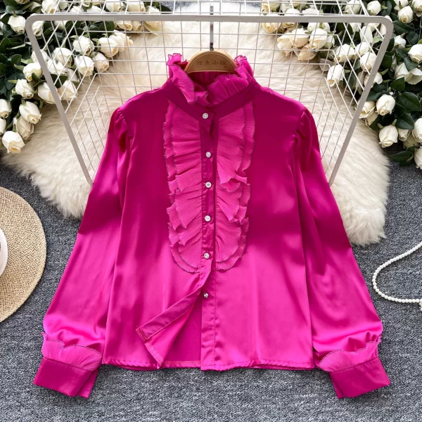 LW0353 Light Luxury Satin Sense Stand Collar Shirt Women Autumn Wood Ear Edge Temperament Chic Niche Blouse Tops for Women