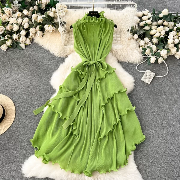 LE2509 Exquisite Chiffon Midi Pleated Dress Lady Elegant Lotus Collar Evening Gown Lady Boutique Socialite Holiday Banquet Dress