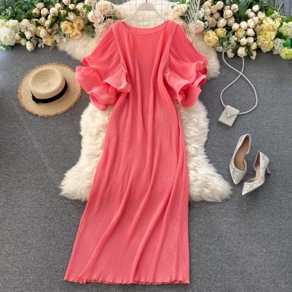 LE2470 Pleated Dresses Three-Dimensional Double Ruffled Sleeve Loose Midi Fold Dress Female Dress