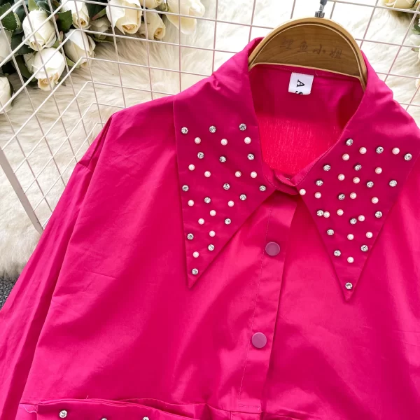 LW0593 Design Sense Studded Beaded Diamond Drawstring Waist Long Sleeve Shirt Women'S 2025 Spring Tops for Women Formal