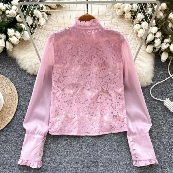 LW0595 Court Style Shirt Lady Three-Dimensional Flower Ruffled Lace Patchwork Long Sleeve Mesh Blouses Elegant Women