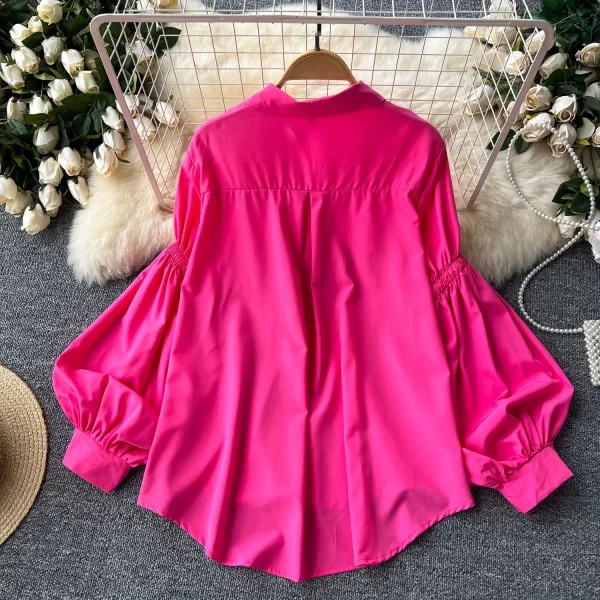 LW0511 Ladies Pleated Lantern Long Sleeved Single Breasted Loose Blouse Lazy Chic Blouses Elegant Women Ladies