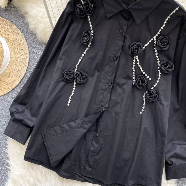 LW0351 Heavy Diamond Rose Flower Shirt Women'S New Autumn Loose Slimming Lapel Long Sleeve Top 2025 Spring