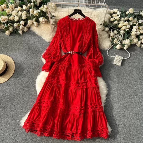 LE2516 Retro Hollow Hook Flower Dress Female O-Neck Lace Splicing Slim-Fit Long Sleeve Puffed Sleeve Dresses Commuting Lady Gown