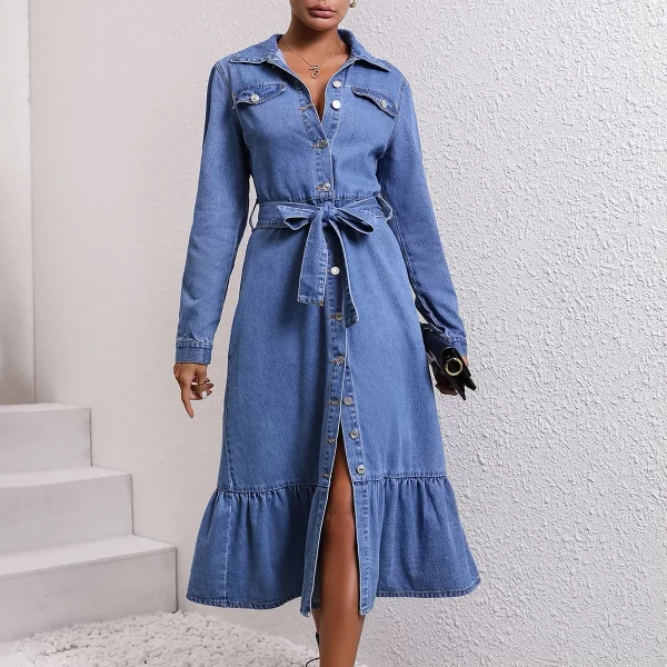 New Retro Waist Thin Long-sleeved Denim Dresses