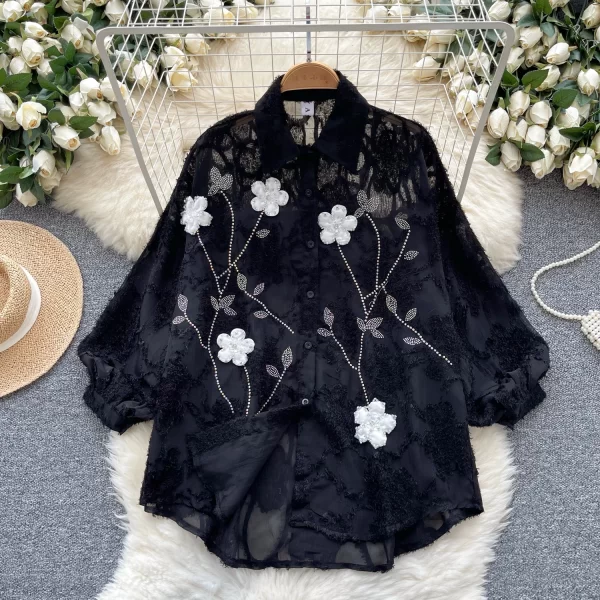 LW0360 French Top New Long Sleeve Shirt With Diamond Three-Dimensional Flower Embroidery Chiffon Blouses for Lady