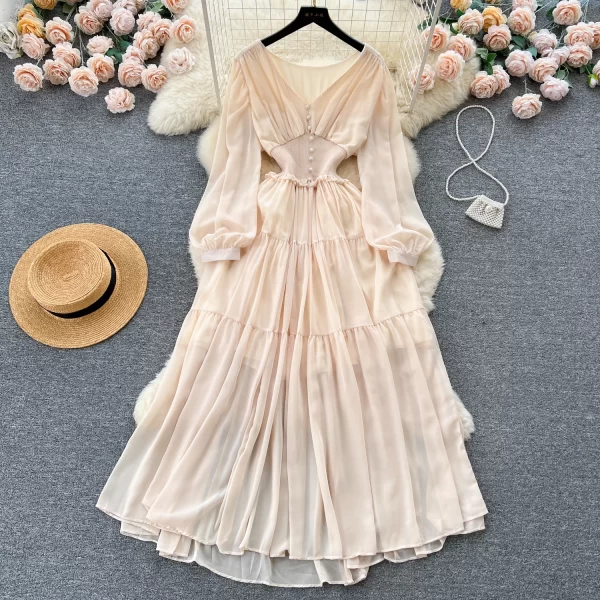 LE2503 Women Boutique Outfit Lady V-Neck Chiffon Dress Female Banquet Evening Gown Elastic Waist Long Sleeve Pleated Long Dress