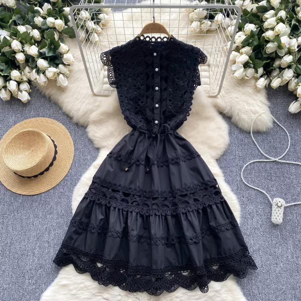 LE2575 Women Boutique Lace Elegant Party Short Dresses Hollow Hook Flower Lace Patchwork Mini Dress A-Line Female Dresses 2025