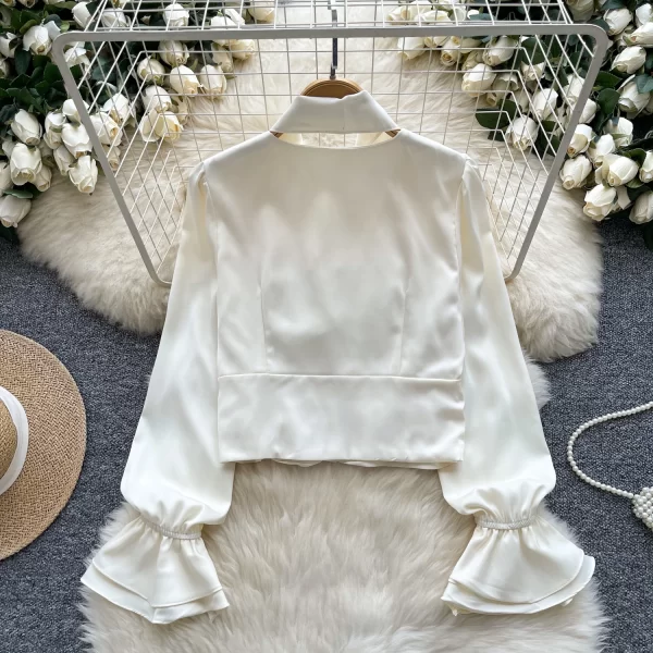 LW0367 Small Crowd Waist Shirt Women French 2025 New Halter Neck Pleated Horn Sleeve Satin Top Blouses Elegant Women Ladies