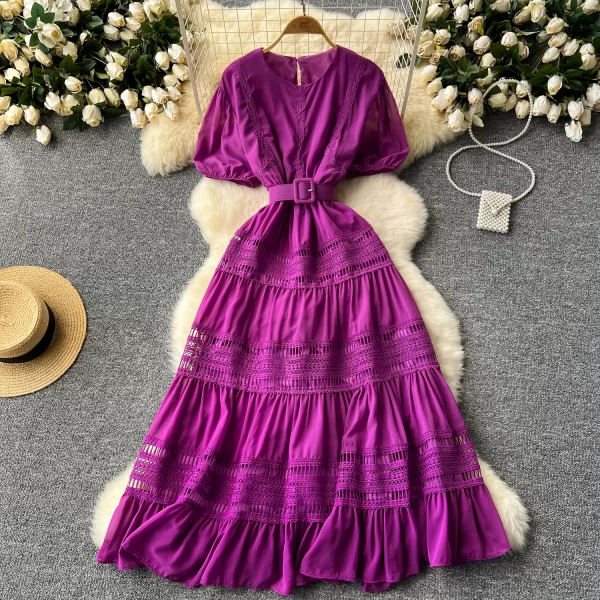 LE2570 Boutique Socialite Party Dress Short Sleeve Woman Exquisite Hollowed-Out Hook Flower Lace Patchwork Midi Evening Dresses