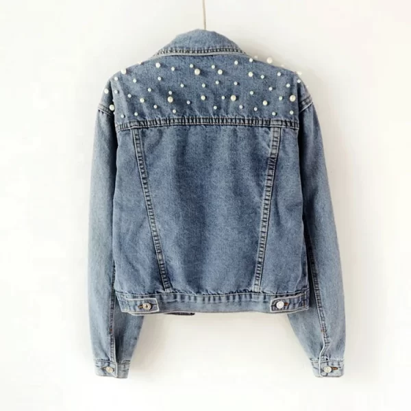 Fashion High Quality Rhinestone Ladies Jackets Pearls Beading Plus Size Blue Denim Coat Jean Jackets for Women
