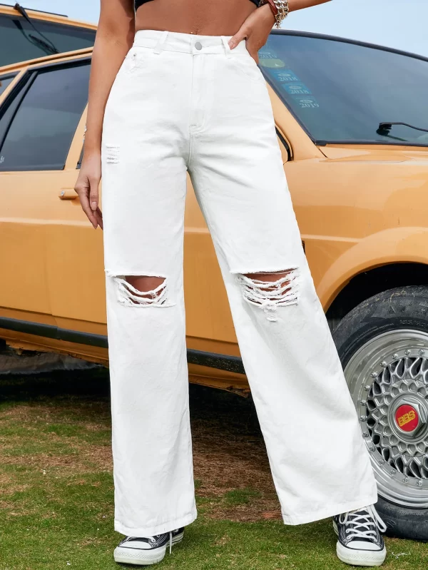 New Fashion Light Blue Ladies Distressed Jeans Softener Fabric With Zipper and Bleached Decoration Wide Leg Design
