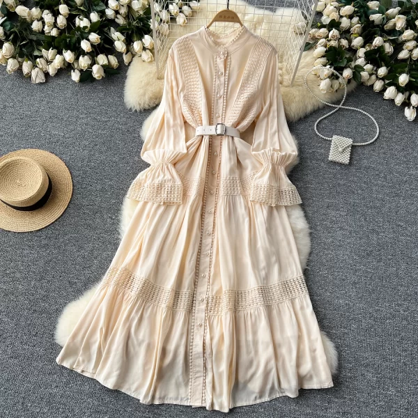 LE2550 Vintage Lace Patchwork Maxi Casual Dress Elegant Women Long Sleeve Lady Evening Gown Socialite Holiday Party Long Dresses