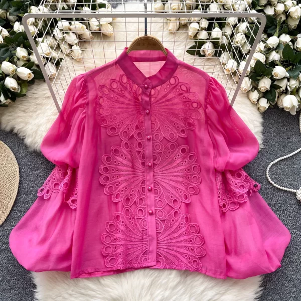 LW0372 French 2025 New Lantern Sleeve Hollowed-Out Lace Embroidery Blouse Women'S See-Through Mesh Top Shirts for Women