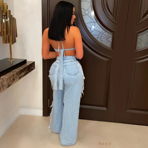 New Arrivals Women's Casual Crop Tops and Tassel Pants Sets 2 Piece Jean Suit