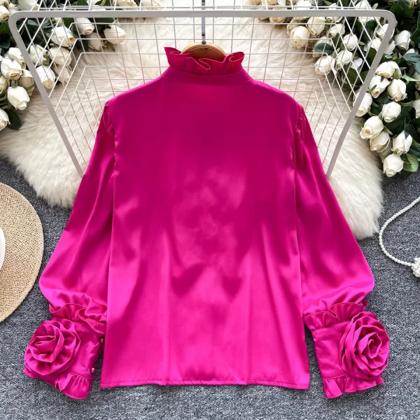 LW0520 Vintage Senior Sense Standing Collar Shirt Women Wooden Ear Edge Three-Dimensional Flower Design Shirts for Women