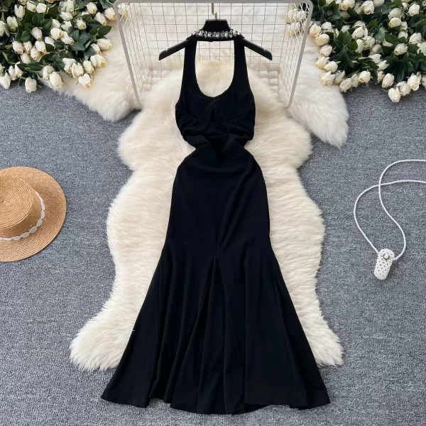 LE2518 Elegant Ladies Prom Dress Female Heavy Industry Diamond Midi Evening Halter Dres Socialite Party Ruffled Fishtail Dress