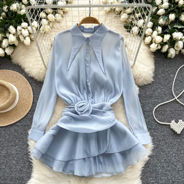 LW0366 Niche Pleated Lotus Swing Patchwork Receiving Waist Lapel Long Sleeve Chiffon Shirt Lady Blouses Elegant Women Ladies