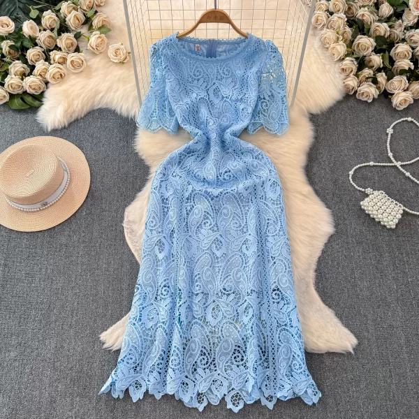 LE2433 Temperament Hollow Hook Flower Office Lady Dresses Woman Holiday Party Lace Dress Elegant Boutique Embroidery Midi Dress