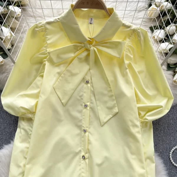 LW0516 Senior Sense of Shirt Women Sweet Bow Collar Slim Fit Design Sense of Leg of Lamb Sleeve French Top New Style