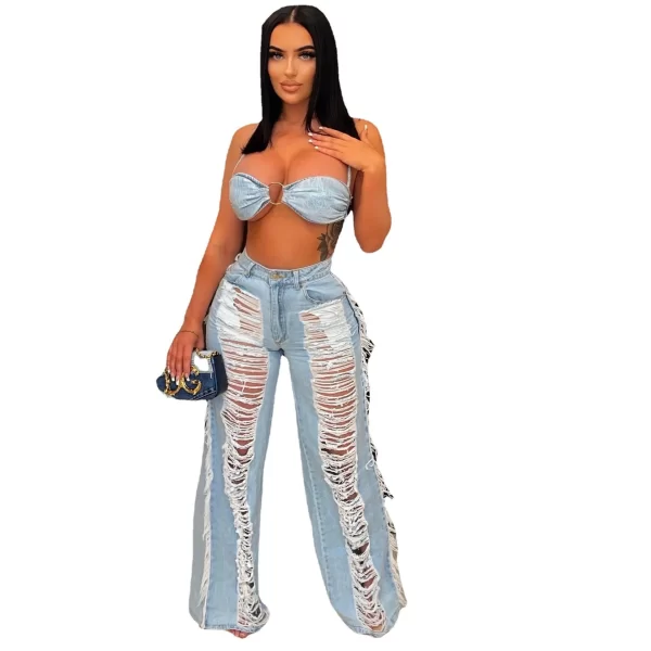 New Arrivals Women's Casual Crop Tops and Tassel Pants Sets 2 Piece Jean Suit