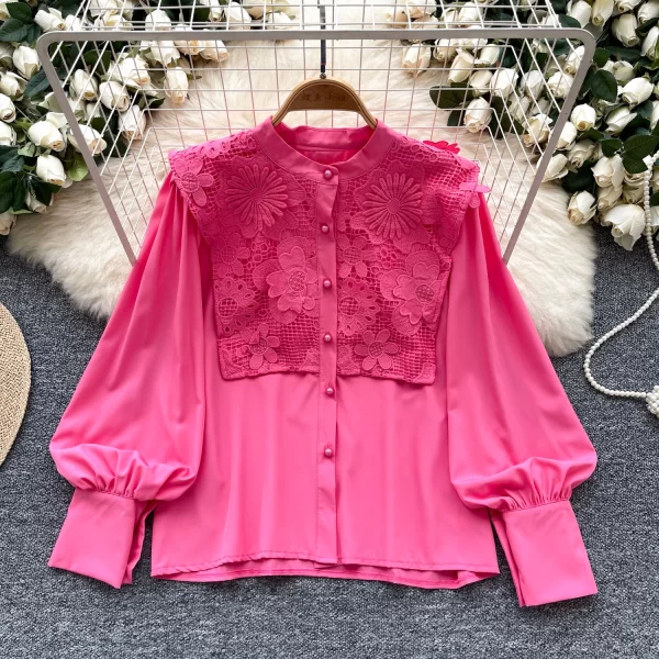 LW0373 22025 New Female Shirt Hollowed Lace Round Neck Single Breasted Lantern Sleeve Top Blouses Elegant Women Ladies