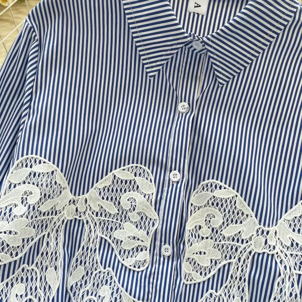 LW0594 Chic Bow Lace Embroidery Striped Shirt Women'S Design Sense Draw Rope Waist Shirt Blouses Elegant Women Ladies