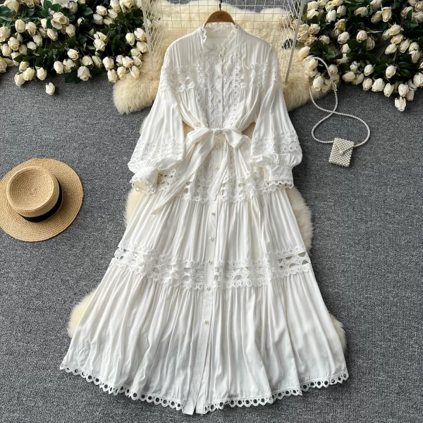 LE2572 Autumn Retro Lace Elegant Party Dresses 2025 Women Boutique Hollow Hook Flower Embroidery Maxi Dress A-Line Female Dress