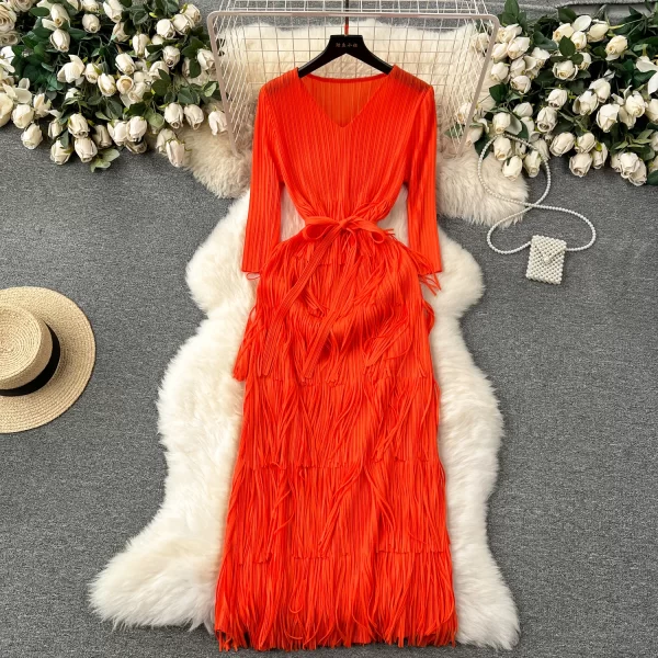 LE2515 Luxury Draped Tassels Midi Dresses Female Loose Ruffled Dress Socialite Evening Gown Elegant Large Size Party Long Dress