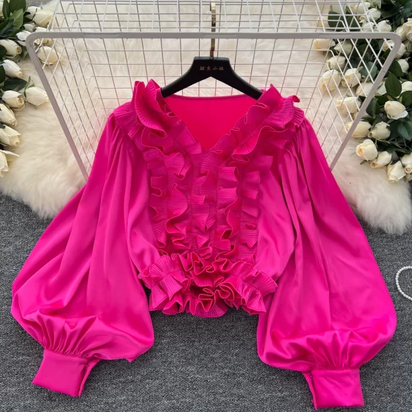 LW0358 Senior Sense Lantern Sleeve Shirt Women Autumn Wooden Ear Edge Loose Light Luxury Temperament Blouse Tops for Women