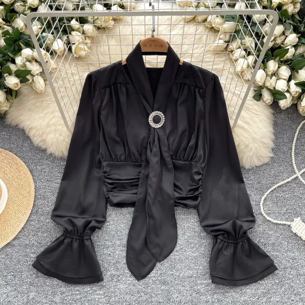 LW0357 Light Luxury Blouse Women'S Satin Ribbon Halter Fold Waist Waist Short Flared Sleeve Tops for Women Casual
