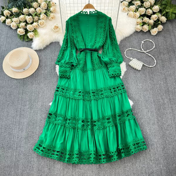 LE2576 Court Style Hollow Hook Flower Ladies Dress Female Heavy Industry Patchwork Lace Long Sleeve Women Boutique Maxi Dresses