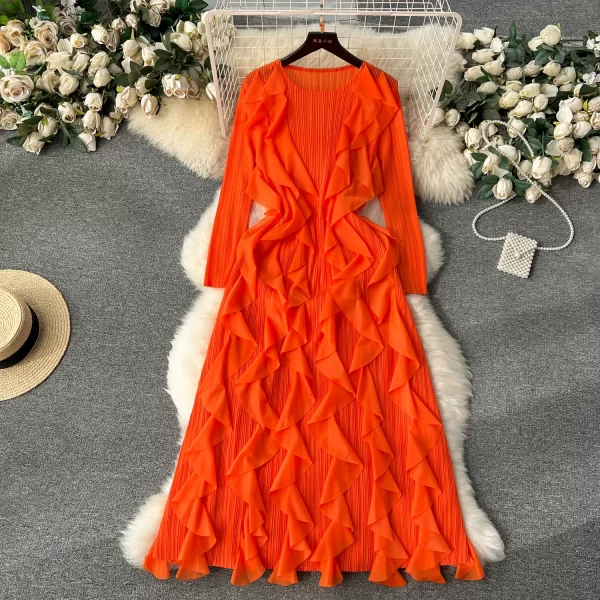 LE2512 Draped Ruffled Dress Female Banquet Woman Pleated  Loose Cake Dresses Lady Boutique Robe Socialite Holiday Dress