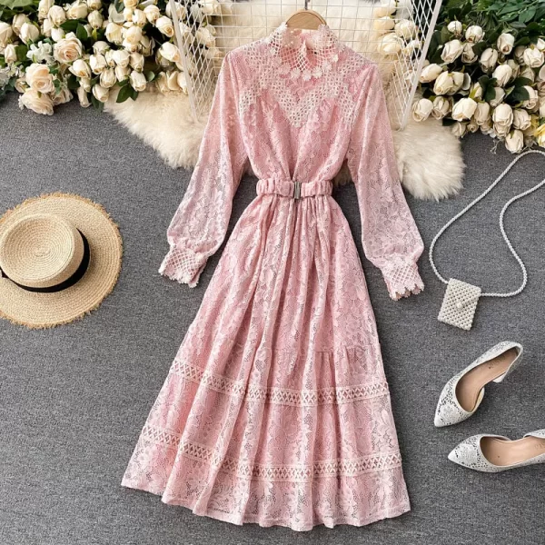 LE2555 Gentle Lace Socialite Dresses Female Hollow Out Stand Collar Midi Dress Holiday Parties Casual Evening Womens Dresses