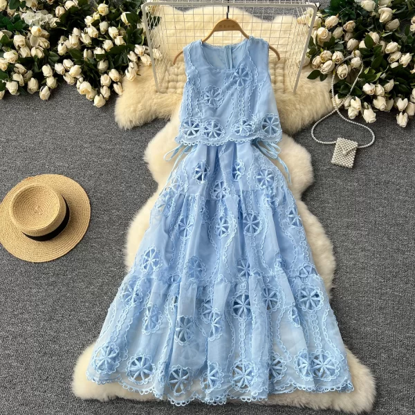 LE2449 Elegant Long Dress Women Hollow Lace Embroidery Sleeveless Vest Dress Banquet Herben Socialite Dinner Party Long Dress