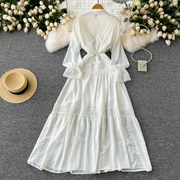 LE2553 White Embroidery Long Dresses Women Lace Spliced Evening Gown Holiday Pearl Belt Maxi Casual Dress Socialite Party Robes