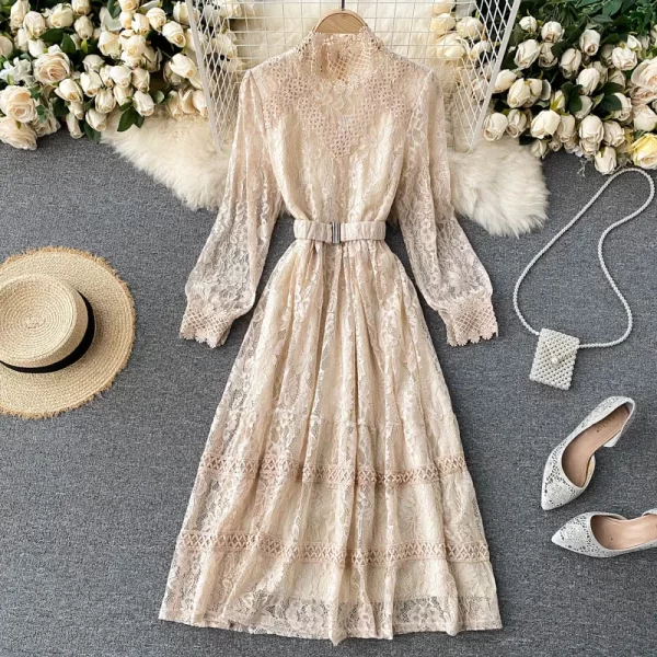 LE2555 Gentle Lace Socialite Dresses Female Hollow Out Stand Collar Midi Dress Holiday Parties Casual Evening Womens Dresses