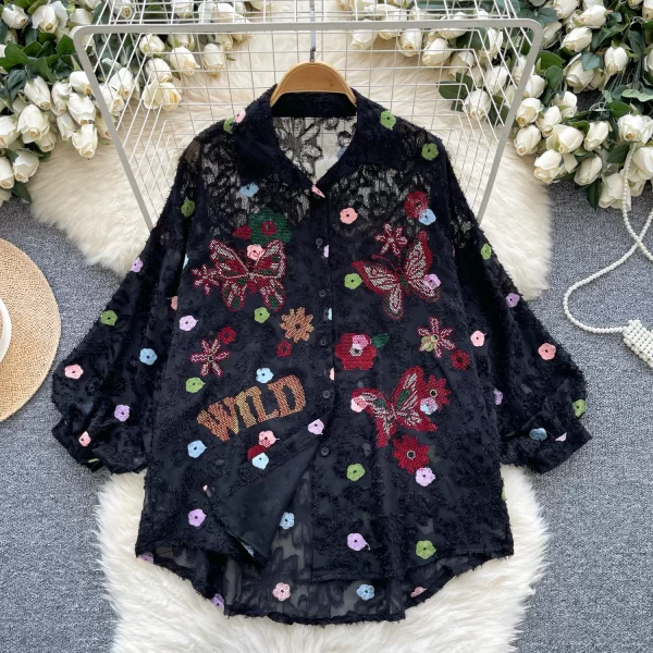 LW0368 2025 New Butterfly Sequin Embroidered Puffed Sleeve Shirt Women'S Mesh Temperament Top Blouses for Lady