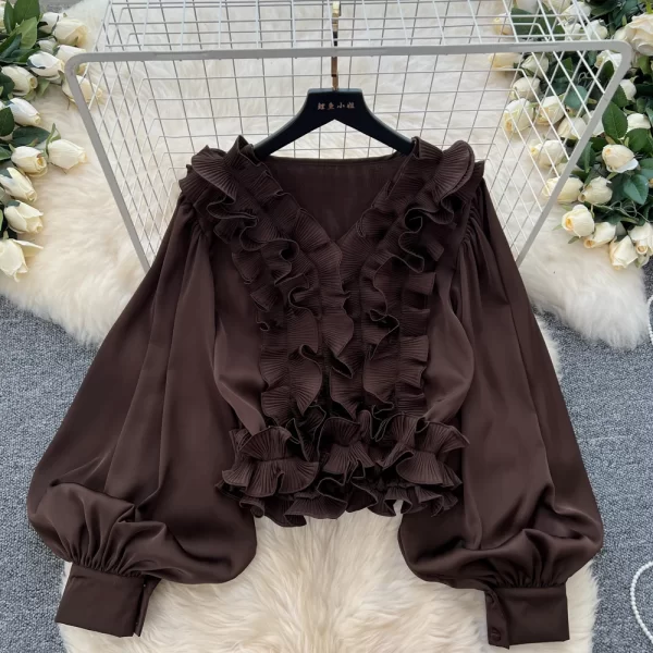 LW0358 Senior Sense Lantern Sleeve Shirt Women Autumn Wooden Ear Edge Loose Light Luxury Temperament Blouse Tops for Women